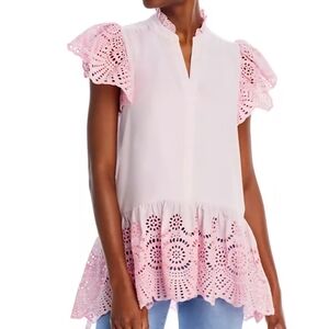 NWT KOKO + MASON Pink and White Flutter Sleeve Peplum Top, LARGE